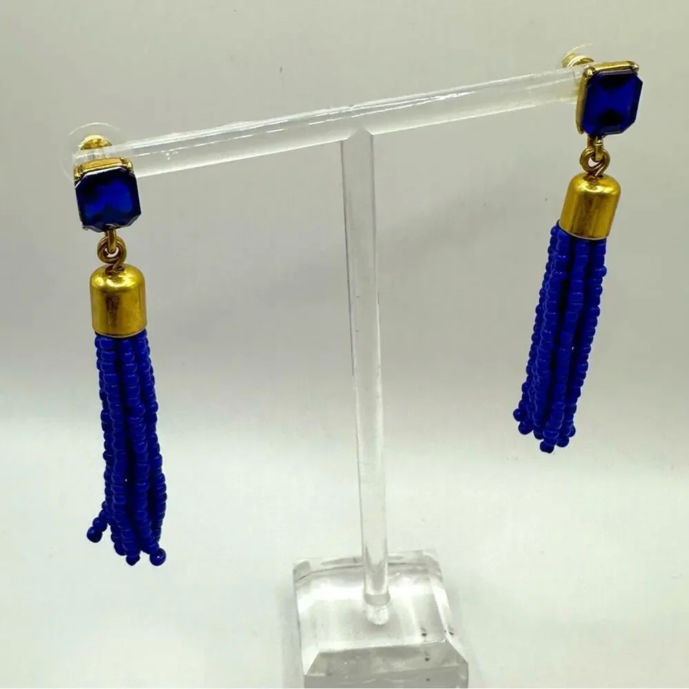 J. Crew Cobalt Beaded Tassel Earrings Casual luxe Preppy Summer Dangle Drop